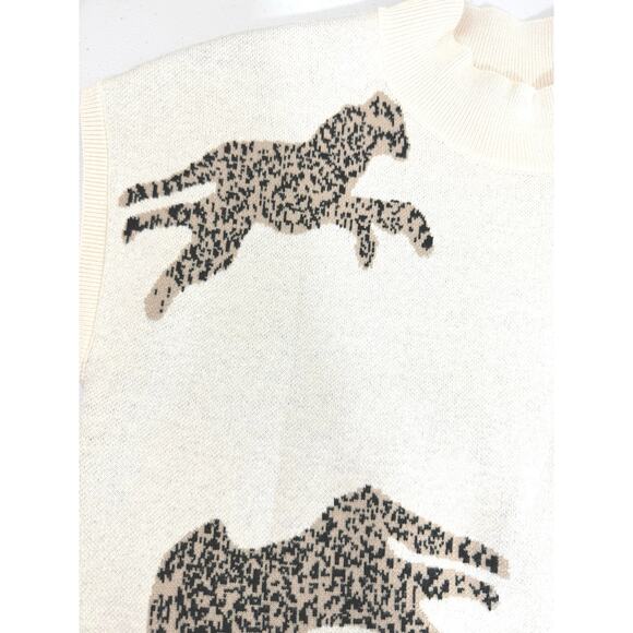 Apricot Leopard Print Sweater Size M Tan Brown Mock Neck Short Sleeve Top - Picture 5 of 9